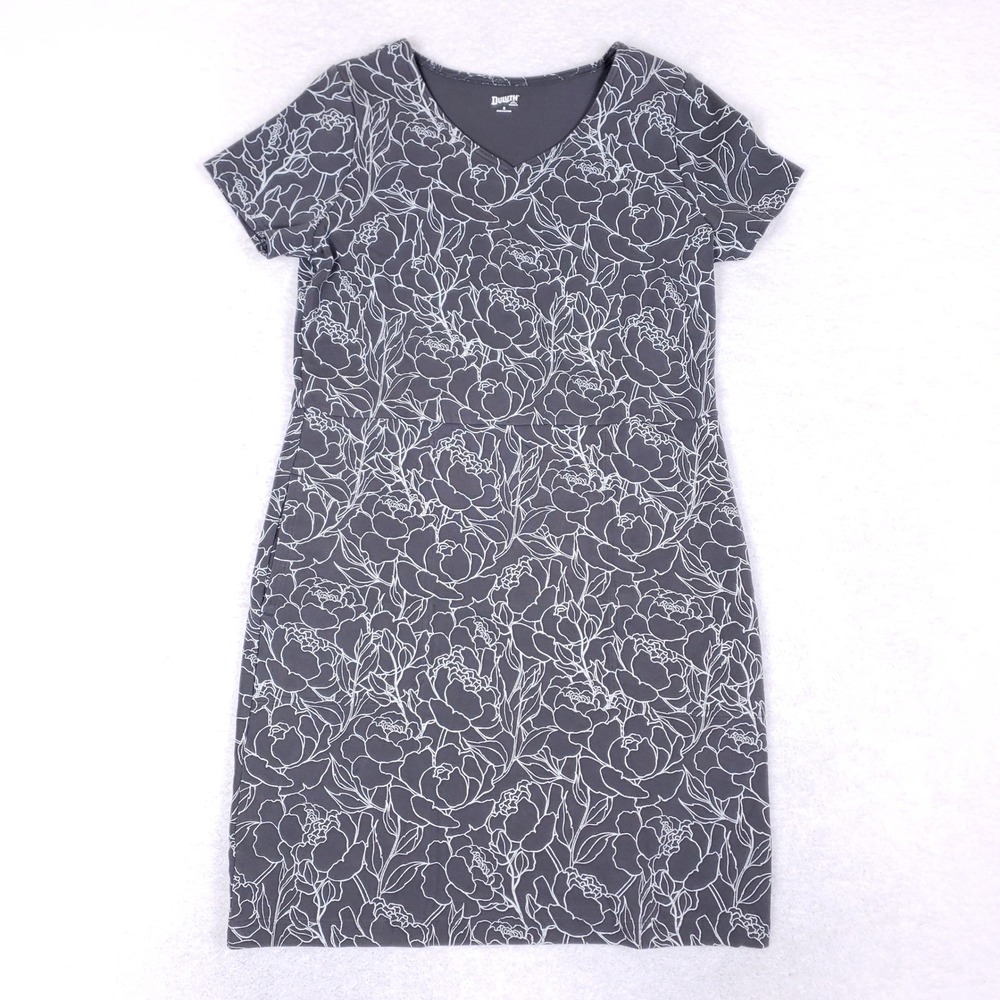 Duluth Trading Co Womens Gray Floral V-Neck Short Sleeve Pocket‎ Dress Size S